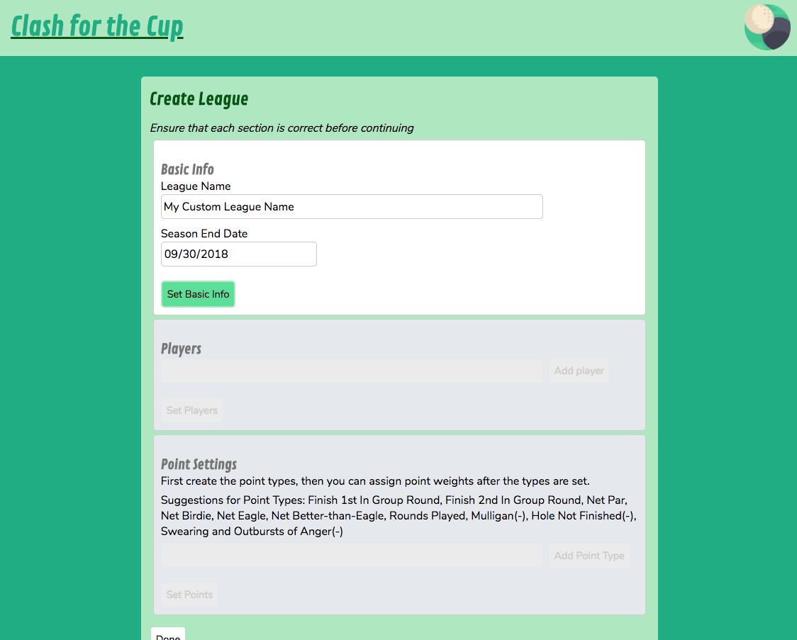 Screenshot of Clash for the Cup application Create League page