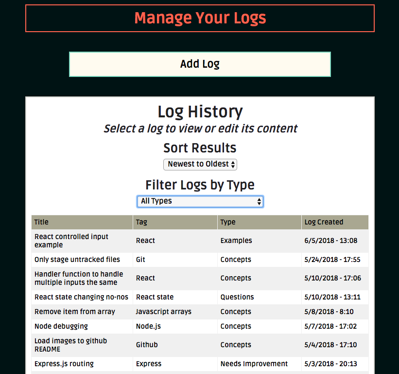 Screenshot of Log and Learn application View Logs page