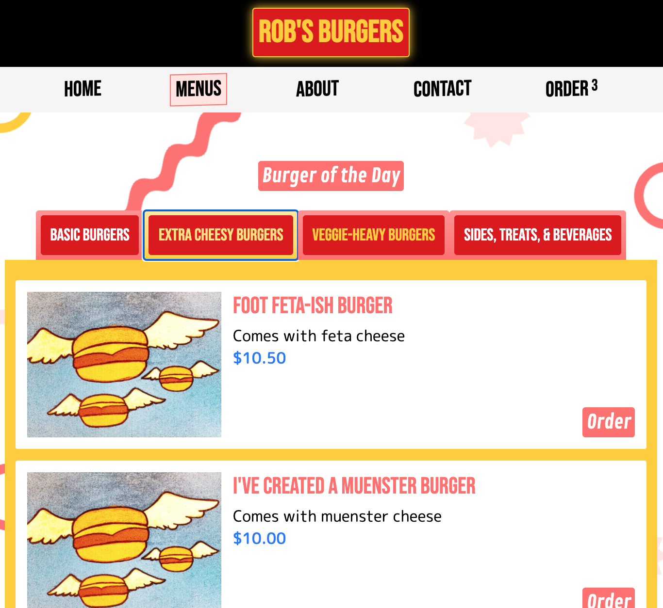 Screenshot of a hamburger restaurant menu