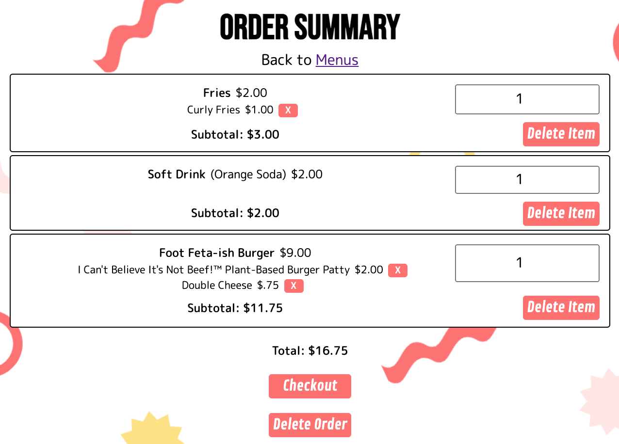 Screenshot of the order/cart page