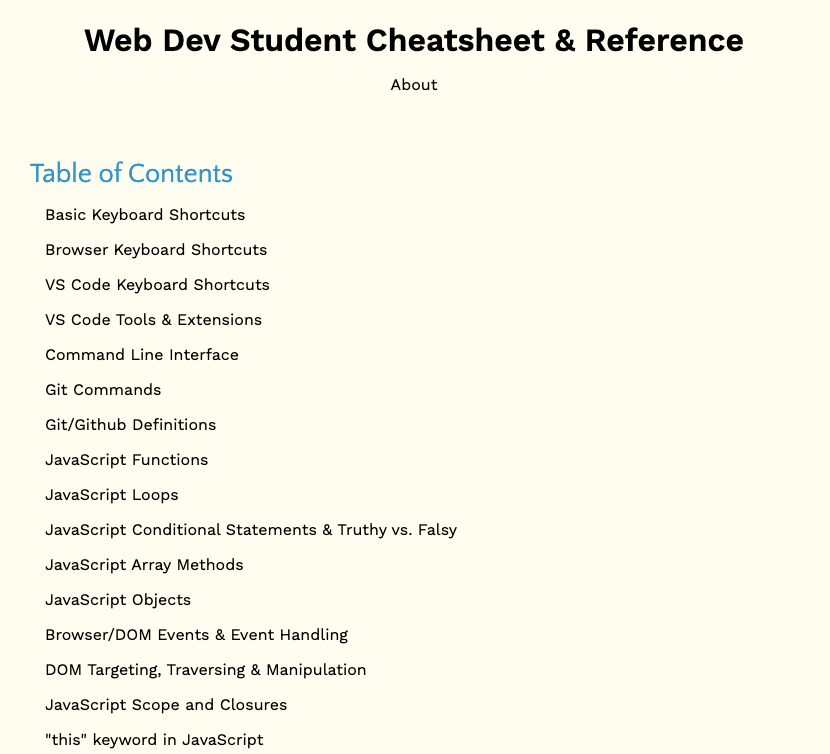 Screenshot of site Table of Contents